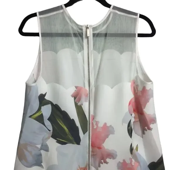 TED BAKER Caprila Bloom Scalloped Dress White Pink Blue Floral A Line Shift 4 (U - Picture 4 of 10